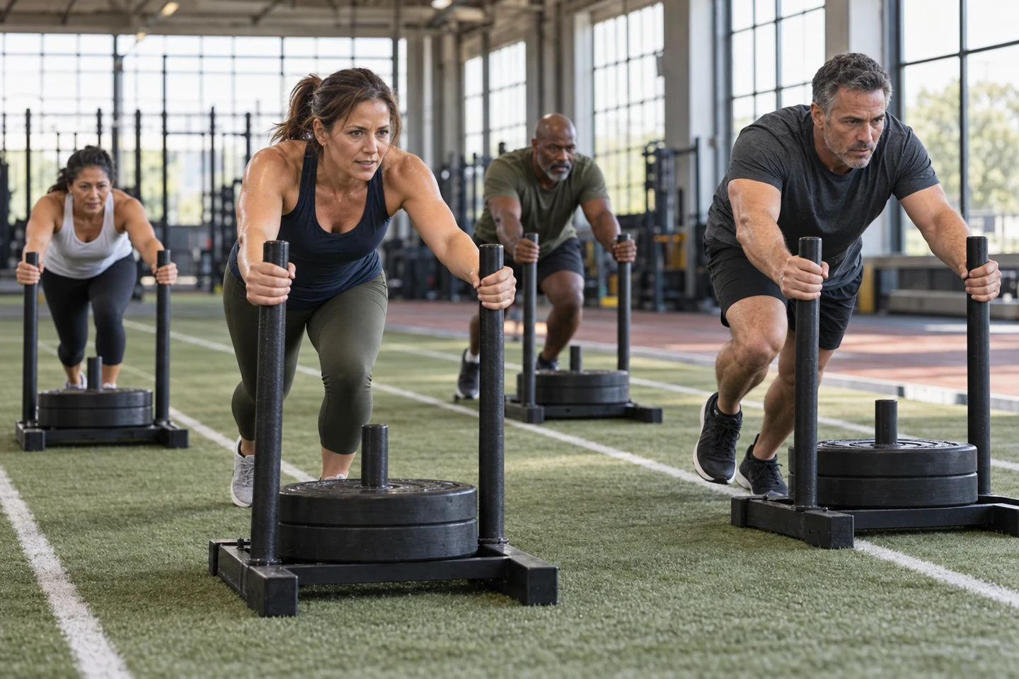 Two men and two women aged 50 to 65 pushing weighted sleds on indoor turf